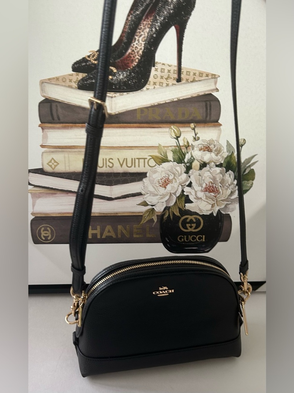Coach Black Leather Crossbody Bag structured Camera Bag Gold Hardware - Picture 6 of 13
